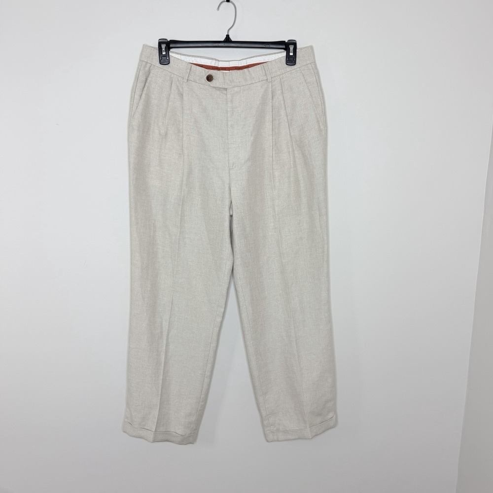 Bullock & Jones Mens 36X29 100% Linen Pleated Dress Pants Beige Portugal Cuffed